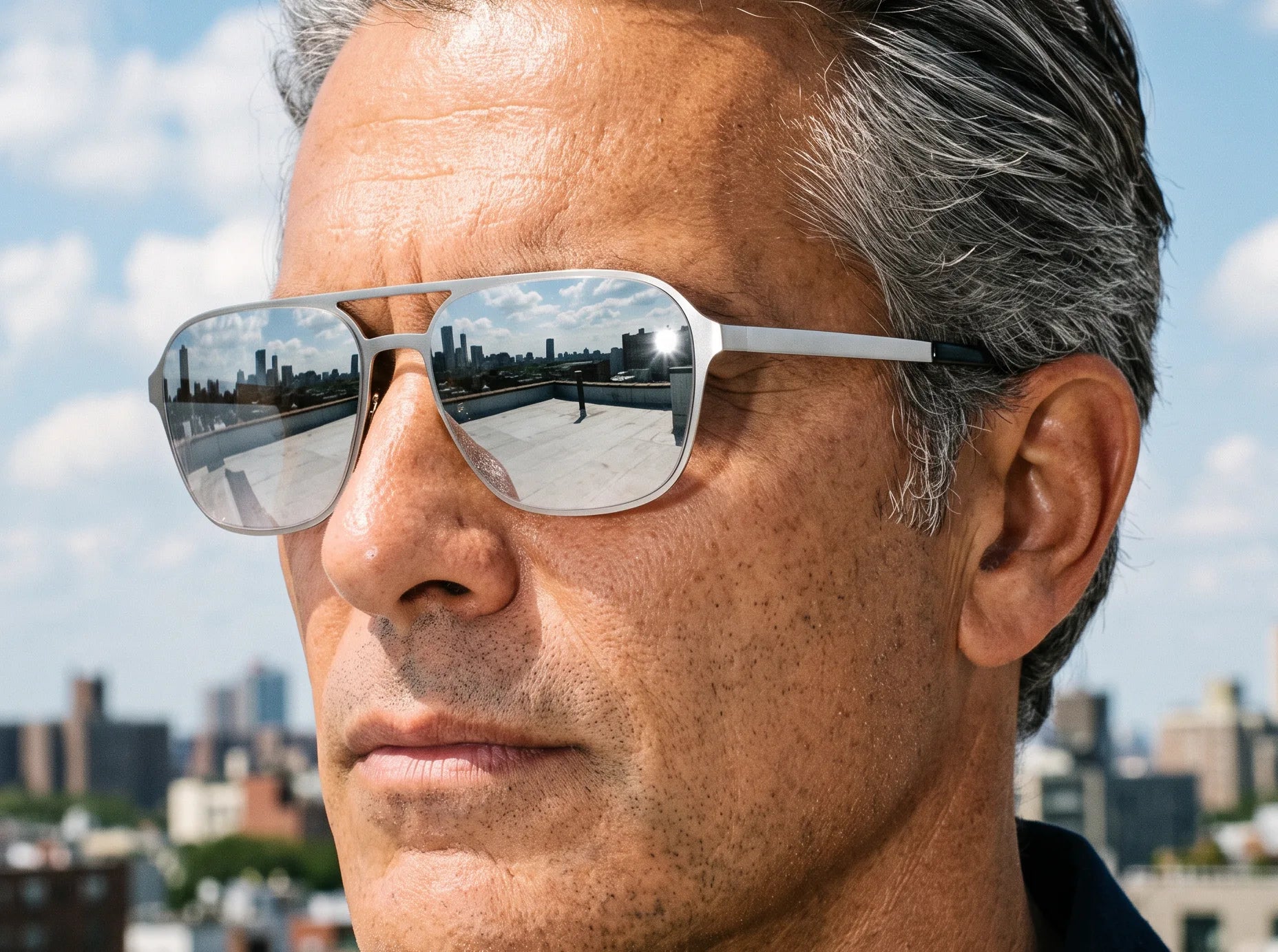 The Aviator in titanium, worn on a city rooftop